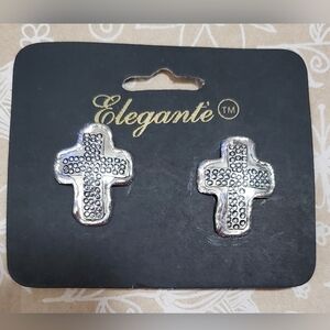 Elegante' Vintage Clip Earrings**Silver Tone**Abstract  Cross**Style 1947